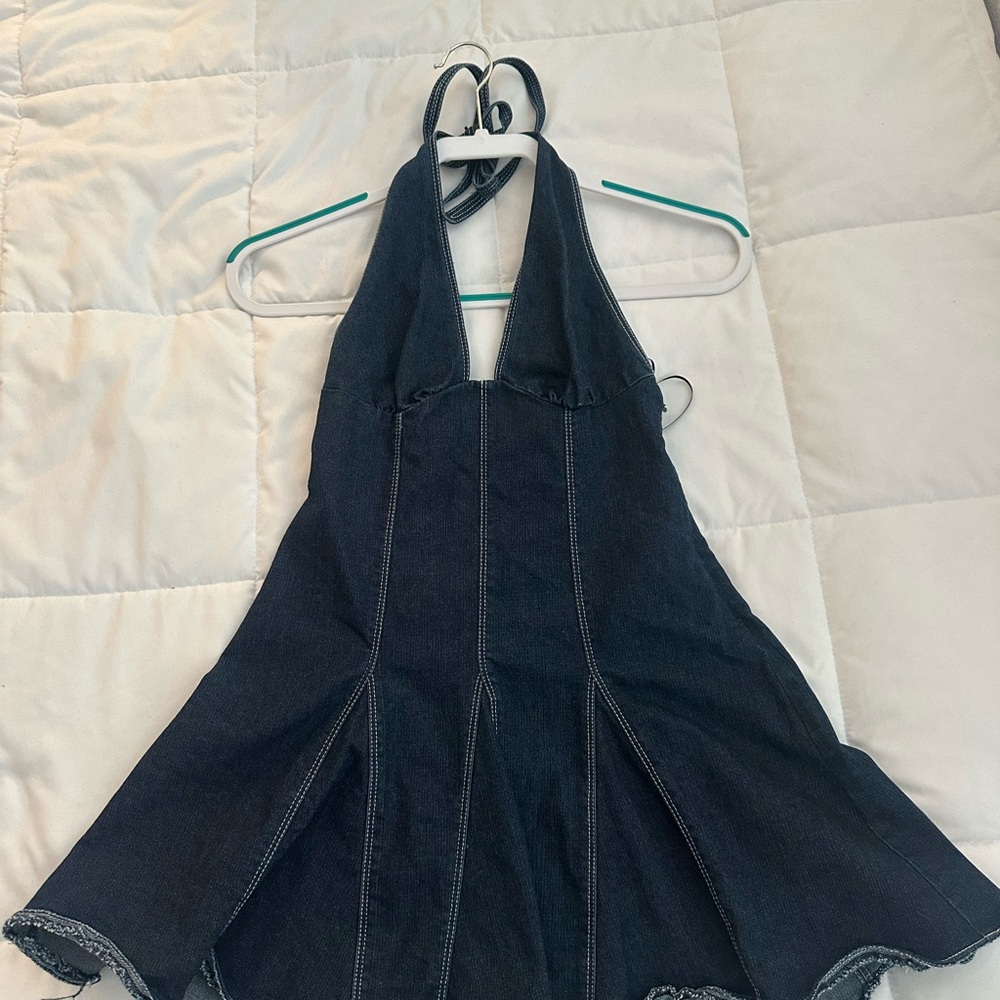 Kimchi Blue Denim Halter Fit-and-Flare Dress - Dark Indigo
